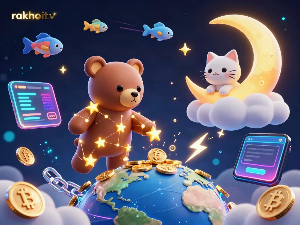 Experience rakhoitv's dynamic online gaming atmosphere with vibrant cosmic elements and cryptocurrency motifs.