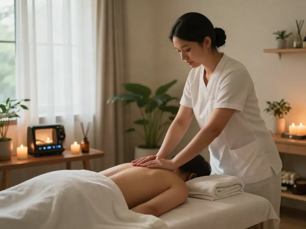 용인출장안마 massage therapy session in a relaxing home setting with therapeutic elements