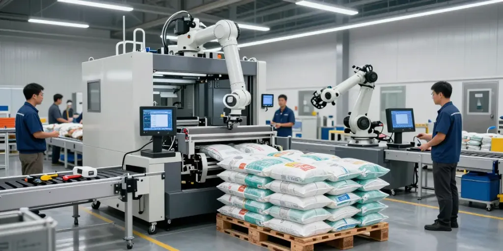 Automatic bag palletizer machine in a busy warehouse, showcasing robotic efficiency