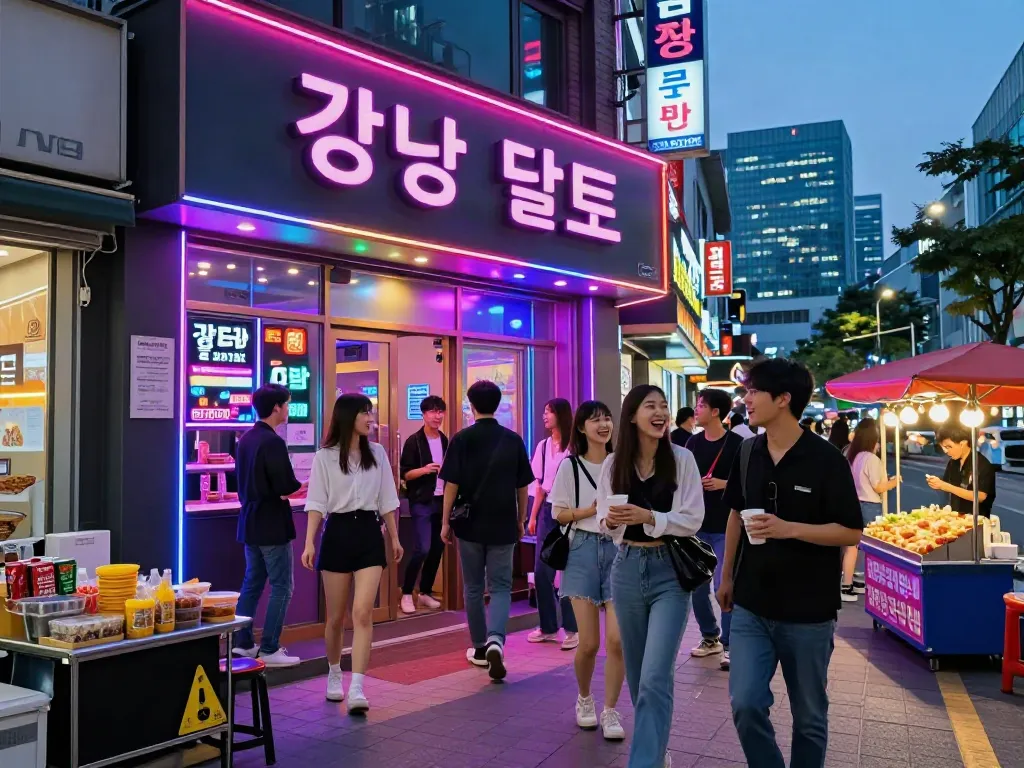 강남 달토 가라오케 외부에서 즐거운 방문객들을 맞이하는 사교적인 밤문화를 표현한 이미지