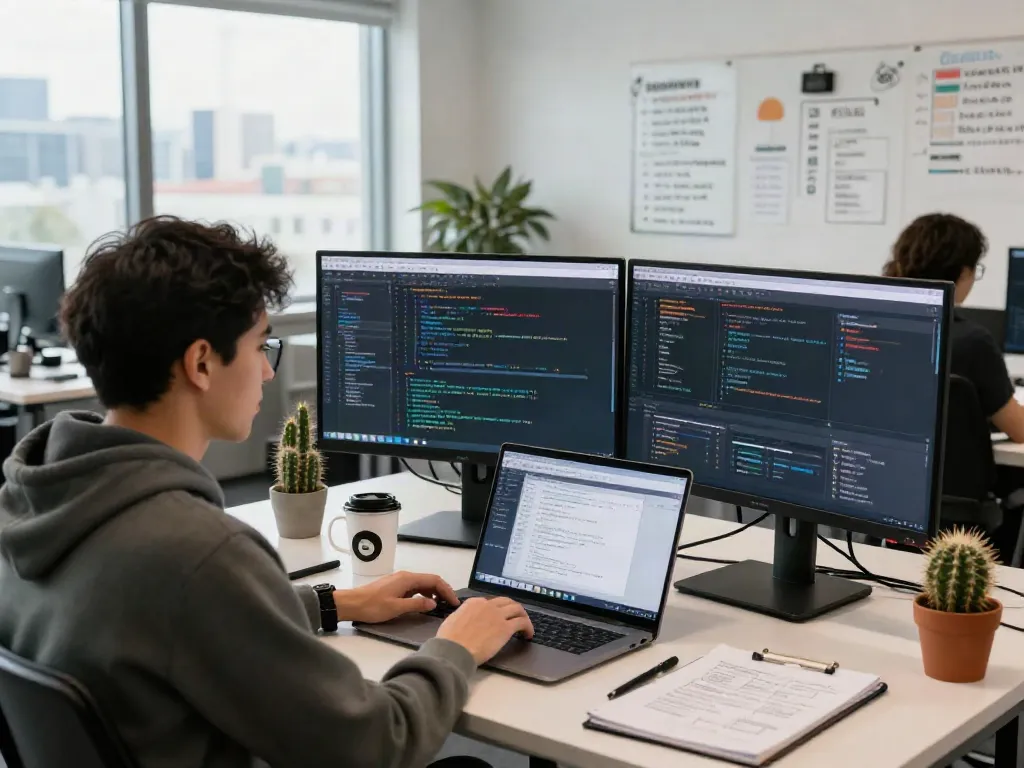 Pengembang menggunakan Server PG di kantor modern dengan banyak layar dan catatan pengembangan