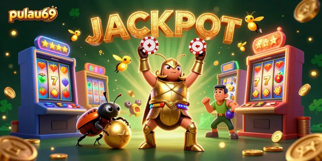 Spin to win big at pulau69 with a vibrant 3D scene of beetles celebrating a jackpot.