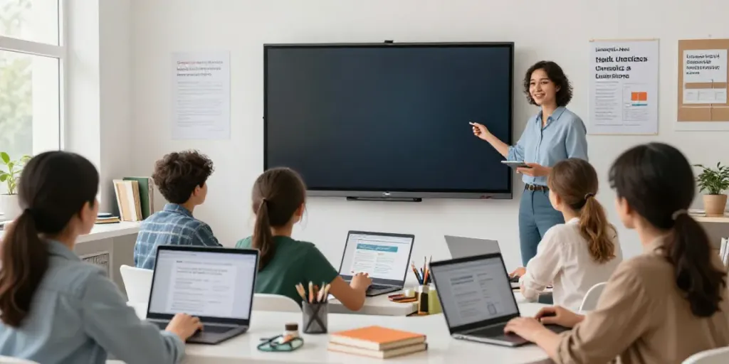 Dynamic online learning scene highlighting students engaging with Limasollu Naci's Toto English education materials in a bright, modern setting.