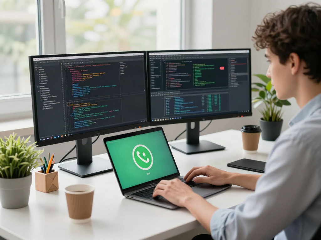 Using gb whatsapp on a modern laptop in a tech workspace with vibrant decor.