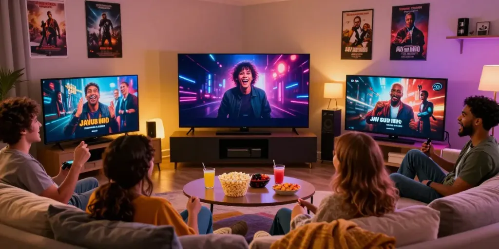 Friends enjoying a JAV Sub Indo movie night with snacks and cozy setting.