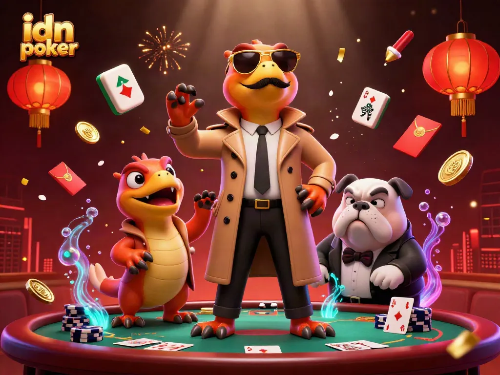 Engage in idn poker action with cartoon raptors and casino elements in a vibrant VIP lounge setting.