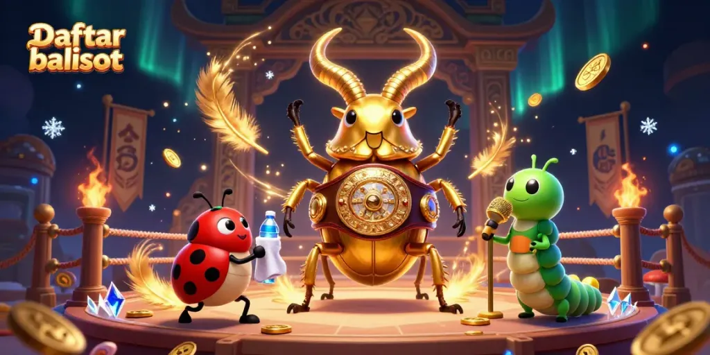 Experience thrilling gameplay at Daftar balisot with a giant stag beetle champion in a glowing arena.