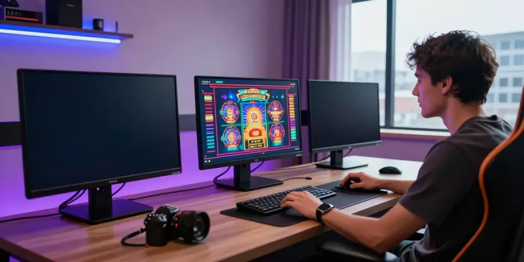 Player enjoying casinos not on GamStop at a modern gaming desk with multiple screens.