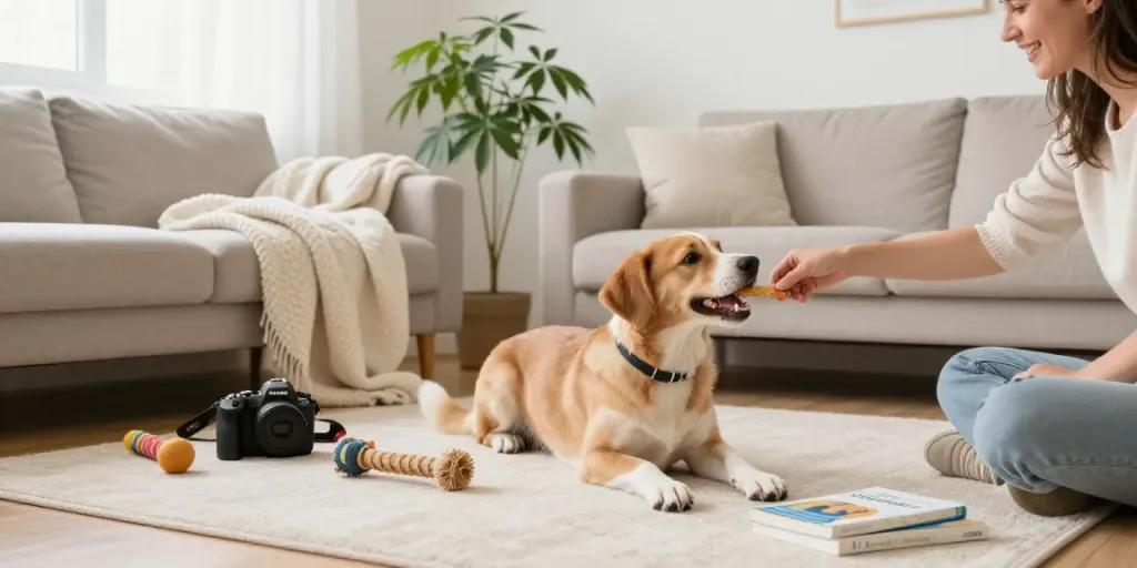 Calming Dog Treats support natural wellness for pets in a cozy home setting.