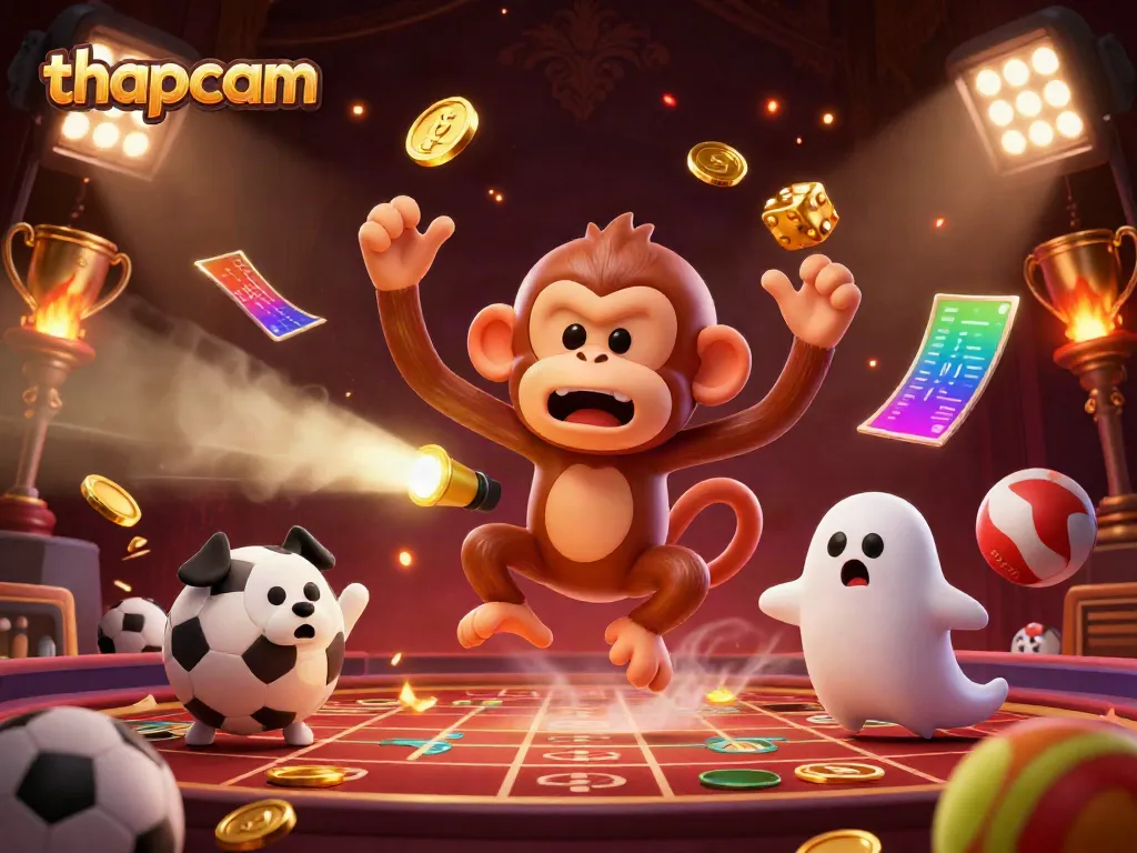 Witness thapcam's thrilling casino scene with a mischievous monkey juggling golden coins and a curious puppy tracking it.