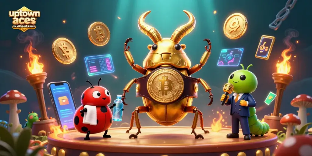 Engage with the uptown aces no deposit bonus illustrated through vibrant 3D characters in a dynamic casino scene.