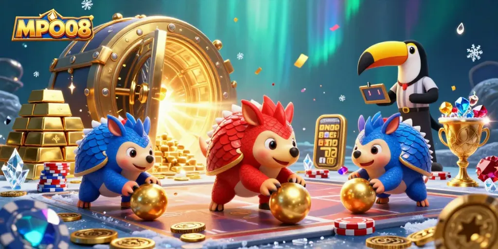 Engage with MPO08's thrilling casino experience featuring vibrant pangolins and dynamic poker elements.