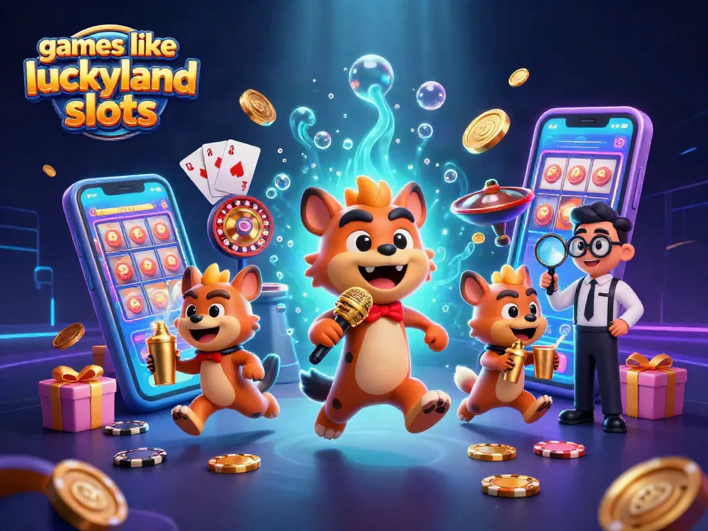 Experience games like LuckyLand Slots with spin reels and golden coins in 3D animated casino scene.