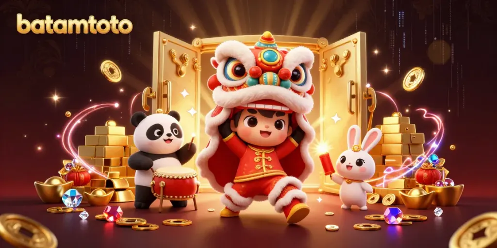 Experience batamtoto excitement with vibrant lion dance and casino treasures in this lively illustration.
