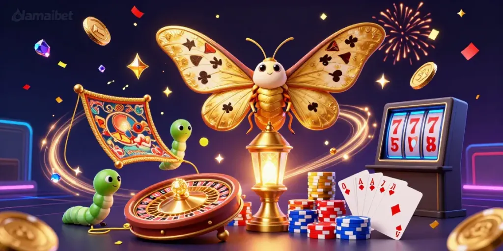 Damaibet gaming scene with a majestic moth, casino elements, and festive atmosphere.