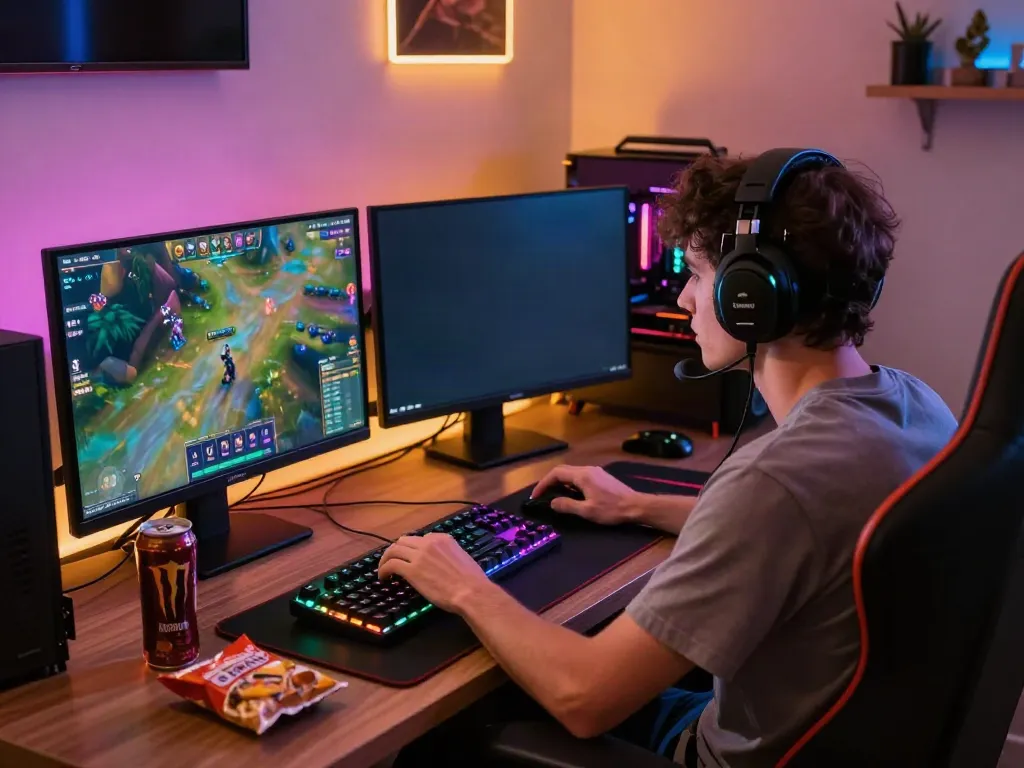 Engaged player in a gaming setup enjoying game online with vibrant colors and dual monitors.