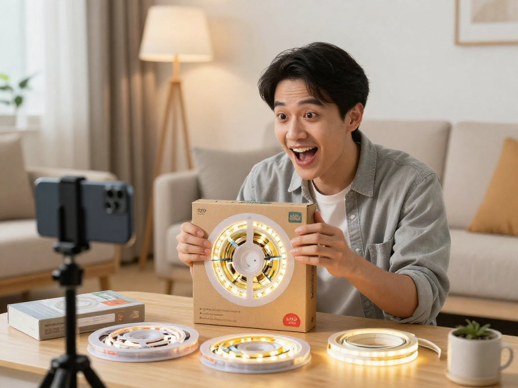 Prezentare banda led 220V în timpul cumpărăturilor online de produse LED, evidențierea celor mai bune oferte și recenzii pe platforme de e-commerce.