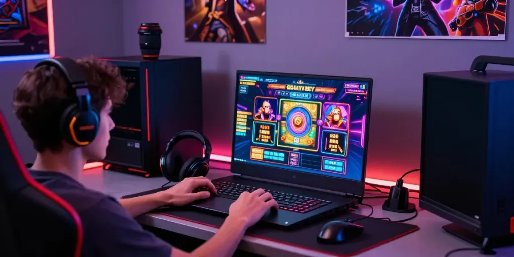 Pengguna menikmati permainan slot online bukumimpi138 dengan aksesori gaming di ruang modern.