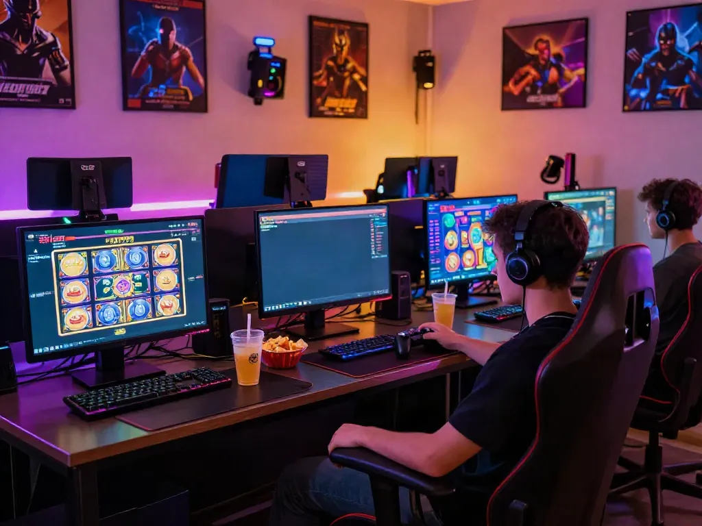 Engaging gamer enjoying games on situs slot777 surrounded by vibrant gaming setup.